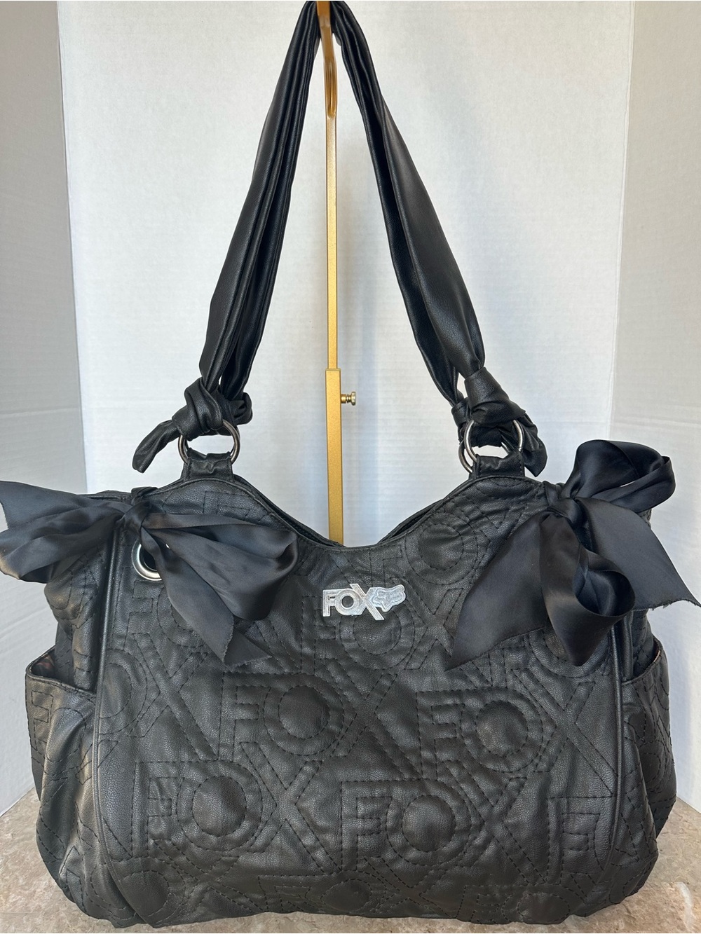 Fox Racing Black Quilted Tote Bag Bows Vintage Y2K Purse Large Edgy Dark Chic